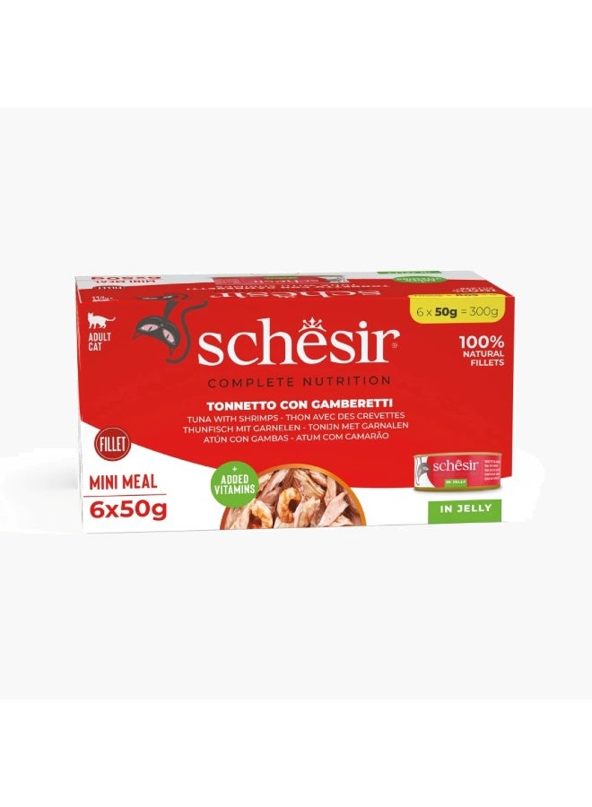 Schesir Complete & Balanced Nutrition Cat Wet Food in Jelly – Tuna with Shrimp, 6×50g - Image 1